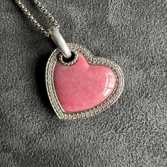 David Yurman Large Pink Heart Pendant Necklace w/ Rhodonite & White Diamonds 18" - Picture 6 of 16